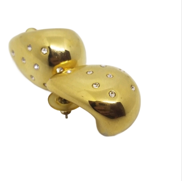 VINTAGE GOLDTONE & CRYSTAL PUFFED TEARDROP MODERNIST STYLE STATEMENT EARRINGS - Picture 6 of 7